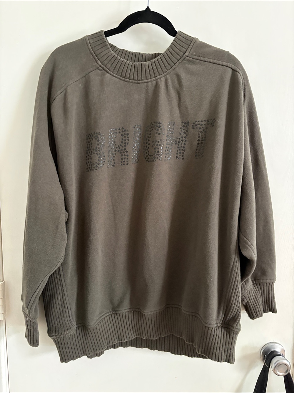 aerie Olive Green 'BRIGHT' Embellished Crewneck Sweatshirt SZ L Holiday